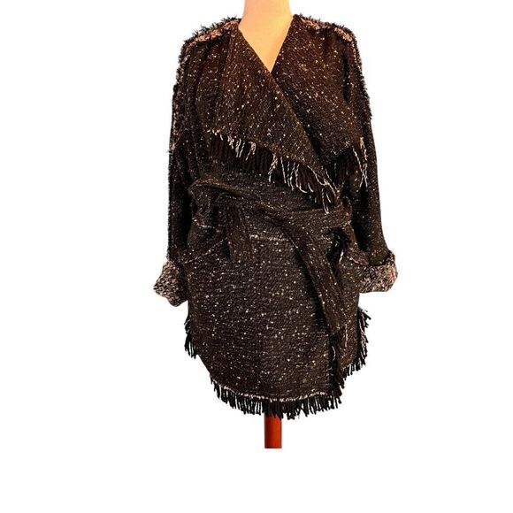 Free People UO Fringe Trim Open Front Coat Jacket Lined Self-Tie Belt M Black - Picture 1 of 10